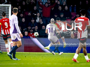 PSV Eindhoven midfielder Ismael Saibari scores the 3-0, but the goal is rejected during the match between PSV and Girona at the Philips Stad...