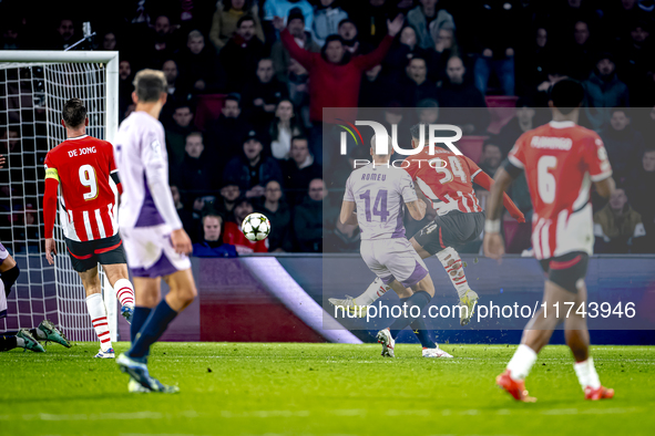 PSV Eindhoven midfielder Ismael Saibari scores the 3-0, but the goal is rejected during the match between PSV and Girona at the Philips Stad...