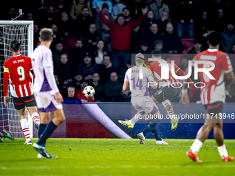 PSV Eindhoven midfielder Ismael Saibari scores the 3-0, but the goal is rejected during the match between PSV and Girona at the Philips Stad...