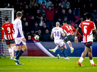 PSV Eindhoven midfielder Ismael Saibari scores the 3-0, but the goal is rejected during the match between PSV and Girona at the Philips Stad...