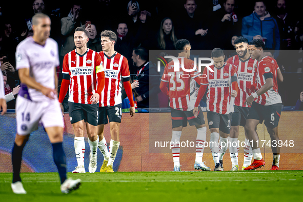 PSV Eindhoven midfielder Ismael Saibari scores the 3-0 and celebrates the goal, but it is rejected during the match between PSV and Girona a...