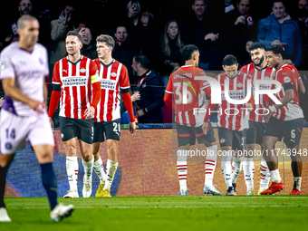 PSV Eindhoven midfielder Ismael Saibari scores the 3-0 and celebrates the goal, but it is rejected during the match between PSV and Girona a...