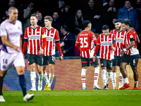 PSV Eindhoven midfielder Ismael Saibari scores the 3-0 and celebrates the goal, but it is rejected during the match between PSV and Girona a...