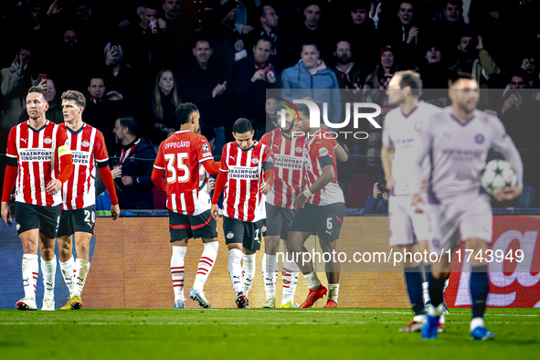 PSV Eindhoven midfielder Ismael Saibari scores the 3-0 and celebrates the goal, but it is rejected during the match between PSV and Girona a...