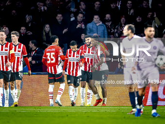 PSV Eindhoven midfielder Ismael Saibari scores the 3-0 and celebrates the goal, but it is rejected during the match between PSV and Girona a...