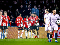 PSV Eindhoven midfielder Ismael Saibari scores the 3-0 and celebrates the goal, but it is rejected during the match between PSV and Girona a...