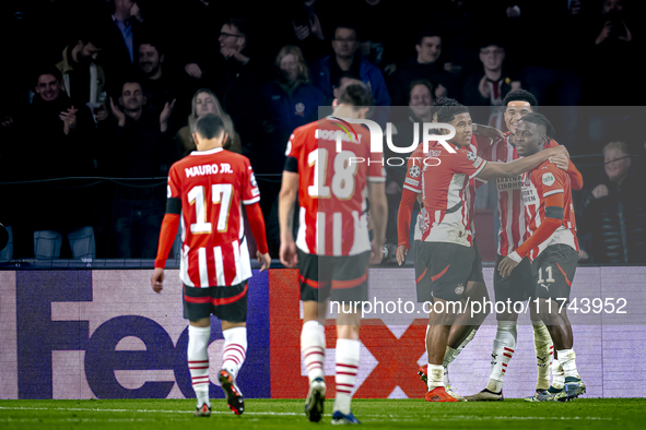 PSV Eindhoven forward Johan Bakayoko scores the 3-0 and celebrates the goal during the match between PSV and Girona at the Philips Stadium f...