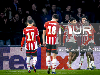 PSV Eindhoven forward Johan Bakayoko scores the 3-0 and celebrates the goal during the match between PSV and Girona at the Philips Stadium f...