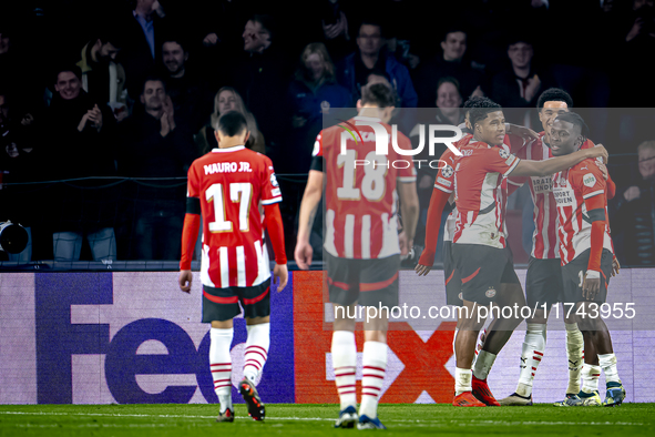 PSV Eindhoven forward Johan Bakayoko scores the 3-0 and celebrates the goal during the match between PSV and Girona at the Philips Stadium f...