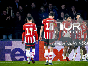 PSV Eindhoven forward Johan Bakayoko scores the 3-0 and celebrates the goal during the match between PSV and Girona at the Philips Stadium f...