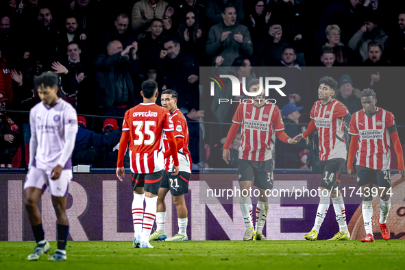 PSV Eindhoven midfielder Ismael Saibari celebrates the goal during the match between PSV and Girona at the Philips Stadium for the UEFA Cham...