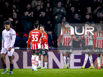 PSV Eindhoven midfielder Ismael Saibari celebrates the goal during the match between PSV and Girona at the Philips Stadium for the UEFA Cham...