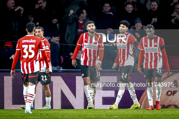 PSV Eindhoven midfielder Ismael Saibari celebrates the goal during the match between PSV and Girona at the Philips Stadium for the UEFA Cham...