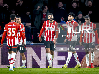 PSV Eindhoven midfielder Ismael Saibari celebrates the goal during the match between PSV and Girona at the Philips Stadium for the UEFA Cham...