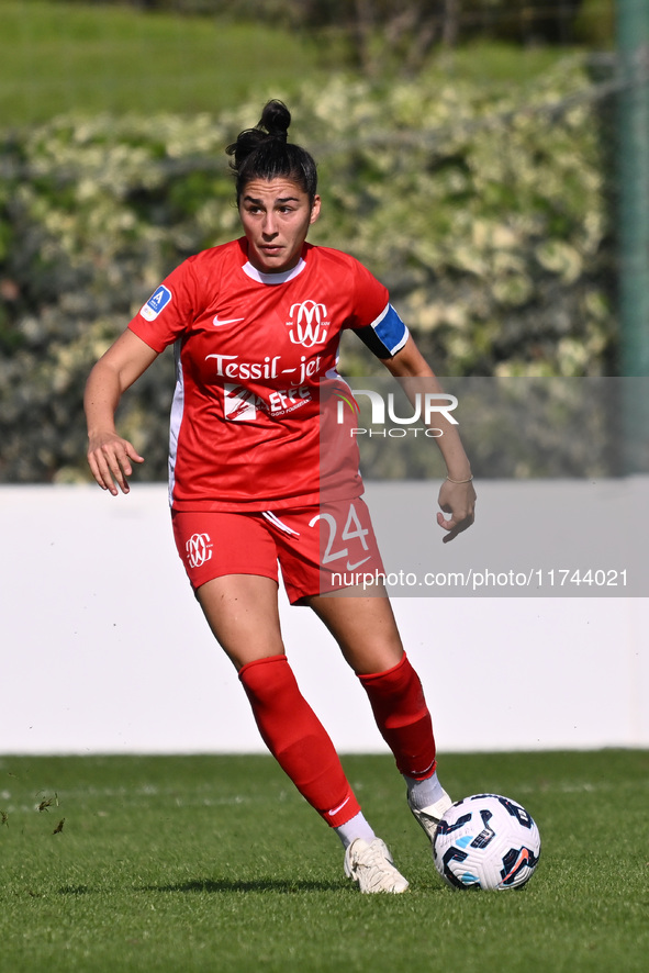 Giulia Rizzon of F.C. Como Women plays during the round of 16 of Coppa Italia Femminile between S.S. Lazio and F.C. Como at the Mirko Fersin...