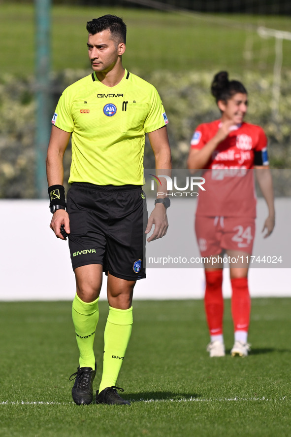 Referee Alessio Amadei officiates during the round of 16 of Coppa Italia Femminile between S.S. Lazio and F.C. Como at the Mirko Fersini Sta...