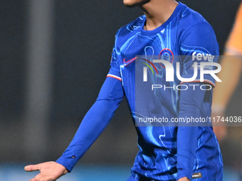 Kiano Dyer (33 Chelsea) gestures during the EFL Trophy match between Cambridge United and Chelsea Under 21s at the Cledara Abbey Stadium in...