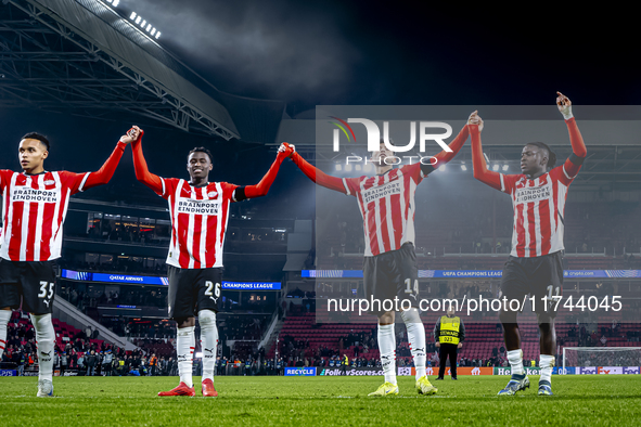 Players of PSV celebrate the victory after the game during the match between PSV and Girona at the Philips Stadium for the UEFA Champions Le...