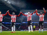 Players of PSV celebrate the victory after the game during the match between PSV and Girona at the Philips Stadium for the UEFA Champions Le...