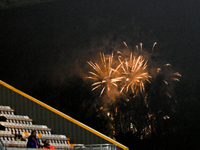 Fireworks occur outside the ground during the EFL Trophy match between Cambridge United and Chelsea Under 21s at the Cledara Abbey Stadium i...