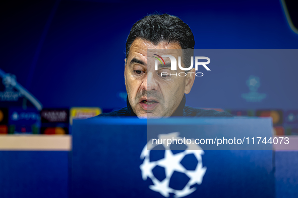 Girona FC trainer Miguel Angel Sanchez Munoz (Michel) speaks during the press conference after the match between PSV and Girona at the Phili...