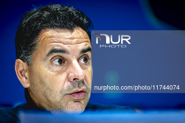 Girona FC trainer Miguel Angel Sanchez Munoz (Michel) speaks during the press conference after the match between PSV and Girona at the Phili...