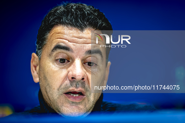 Girona FC trainer Miguel Angel Sanchez Munoz (Michel) speaks during the press conference after the match between PSV and Girona at the Phili...