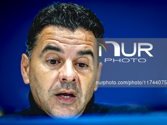 Girona FC trainer Miguel Angel Sanchez Munoz (Michel) speaks during the press conference after the match between PSV and Girona at the Phili...