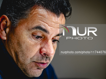 Girona FC trainer Miguel Angel Sanchez Munoz (Michel) speaks during the press conference after the match between PSV and Girona at the Phili...