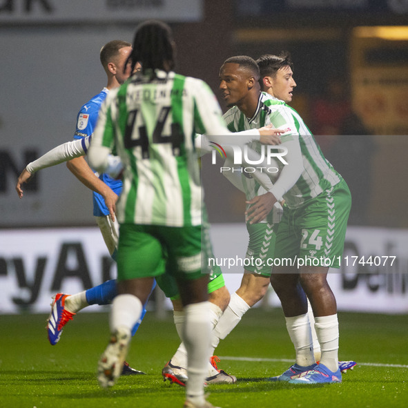 Richard Kone #24 of Wycombe Wanderers F.C. celebrates his goal during the Sky Bet League 1 match between Stockport County and Wycombe Wander...