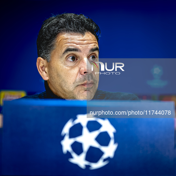 Girona FC trainer Miguel Angel Sanchez Munoz (Michel) speaks during the press conference after the match between PSV and Girona at the Phili...