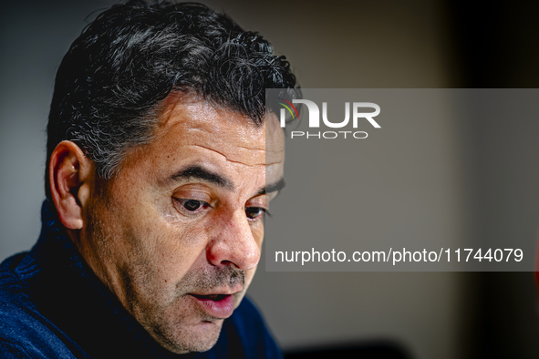 Girona FC trainer Miguel Angel Sanchez Munoz (Michel) speaks during the press conference after the match between PSV and Girona at the Phili...