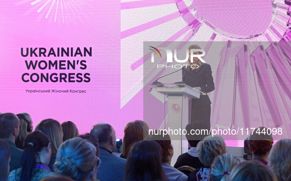 Deputy Speaker of the Verkhovna Rada of Ukraine, Olena Kondratiuk, delivers a speech during the opening of the Eighth Ukrainian Women's Cong...