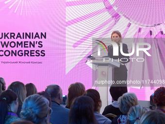 Deputy Speaker of the Verkhovna Rada of Ukraine, Olena Kondratiuk, delivers a speech during the opening of the Eighth Ukrainian Women's Cong...