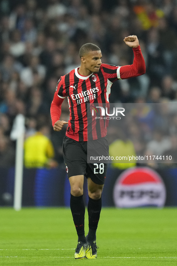 Malick Thiaw centre-back of AC Milan and Germany celebrates after scoring his sides first goal during the UEFA Champions League 2024/25 Leag...