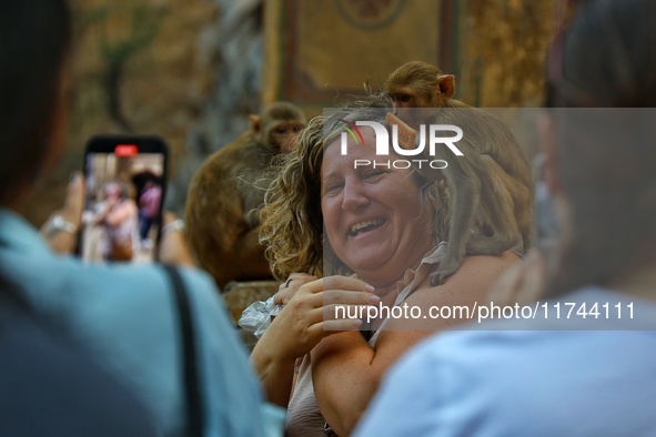 A tourist poses with a macaque at the Shrine Galta Ji Temple in Jaipur, Rajasthan, India, on November 5, 2024. 