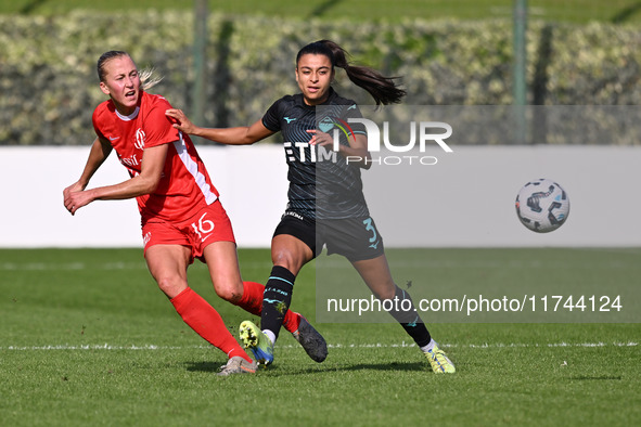 Julia Karlernas of F.C. Como Women and Ines Bellomou of S.S. Lazio participate in the round of 16 of Coppa Italia Femminile between S.S. Laz...