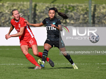 Julia Karlernas of F.C. Como Women and Ines Bellomou of S.S. Lazio participate in the round of 16 of Coppa Italia Femminile between S.S. Laz...