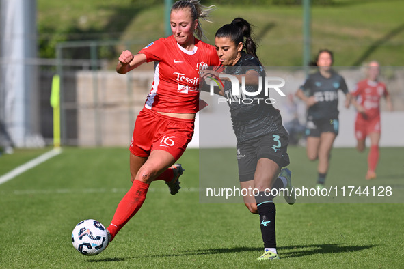 Julia Karlernas of F.C. Como Women and Ines Bellomou of S.S. Lazio participate in the round of 16 of Coppa Italia Femminile between S.S. Laz...