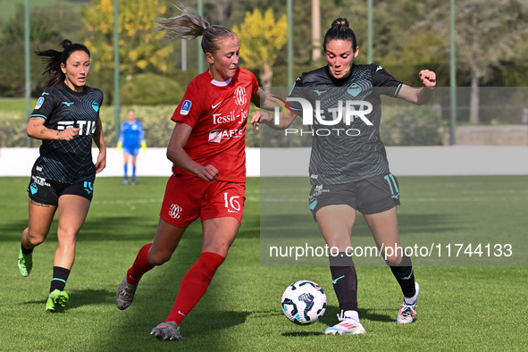 Julia Karlernas of F.C. Como Women and Clarisse Le Bihan of S.S. Lazio participate in the round of 16 of Coppa Italia Femminile between S.S....