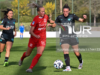 Julia Karlernas of F.C. Como Women and Clarisse Le Bihan of S.S. Lazio participate in the round of 16 of Coppa Italia Femminile between S.S....