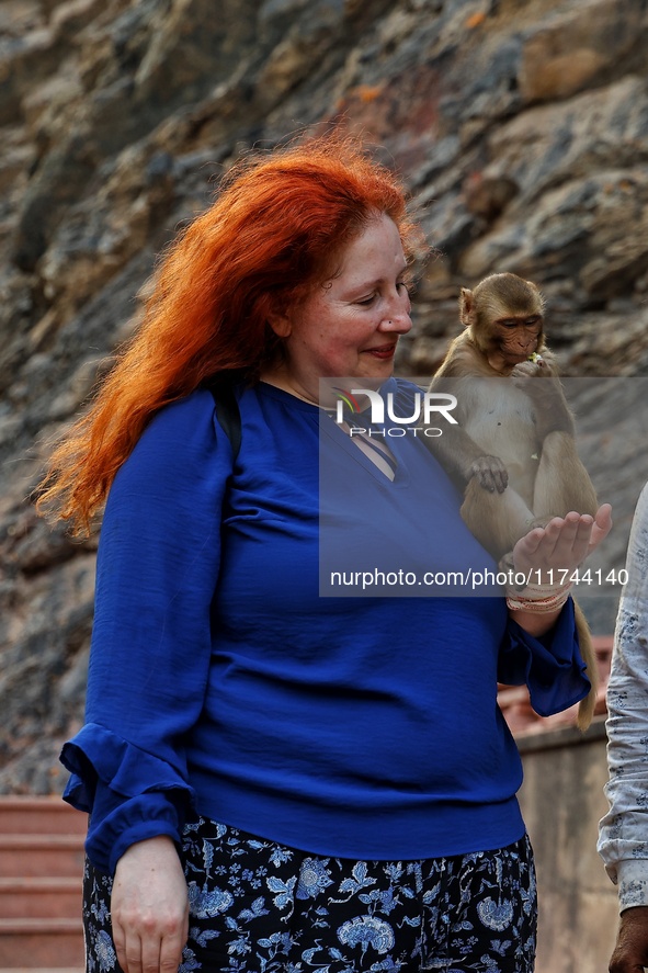 A tourist poses with a macaque at the Shrine Galta Ji Temple in Jaipur, Rajasthan, India, on November 5, 2024. 