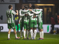 Richard Kone #24 of Wycombe Wanderers F.C. celebrates his goal during the Sky Bet League 1 match between Stockport County and Wycombe Wander...