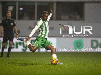 Richard Kone #24 of Wycombe Wanderers F.C. scores from the penalty spot, making the score 1-0, during the Sky Bet League 1 match between Sto...