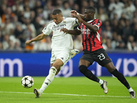 Kylian Mbappe centre-forward of Real Madrid and France and Fikayo Tomori centre-back of AC Milan and England compete for the ball during the...