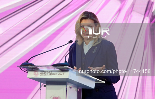 First Lady of Ukraine Olena Zelenska delivers a speech during the opening of the Eighth Ukrainian Women's Congress in Kyiv, Ukraine, on Nove...