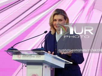 First Lady of Ukraine Olena Zelenska delivers a speech during the opening of the Eighth Ukrainian Women's Congress in Kyiv, Ukraine, on Nove...