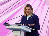 First Lady of Ukraine Olena Zelenska delivers a speech during the opening of the Eighth Ukrainian Women's Congress in Kyiv, Ukraine, on Nove...