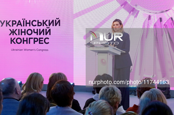 First Lady of Ukraine Olena Zelenska delivers a speech during the opening of the Eighth Ukrainian Women's Congress in Kyiv, Ukraine, on Nove...