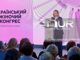 First Lady of Ukraine Olena Zelenska delivers a speech during the opening of the Eighth Ukrainian Women's Congress in Kyiv, Ukraine, on Nove...